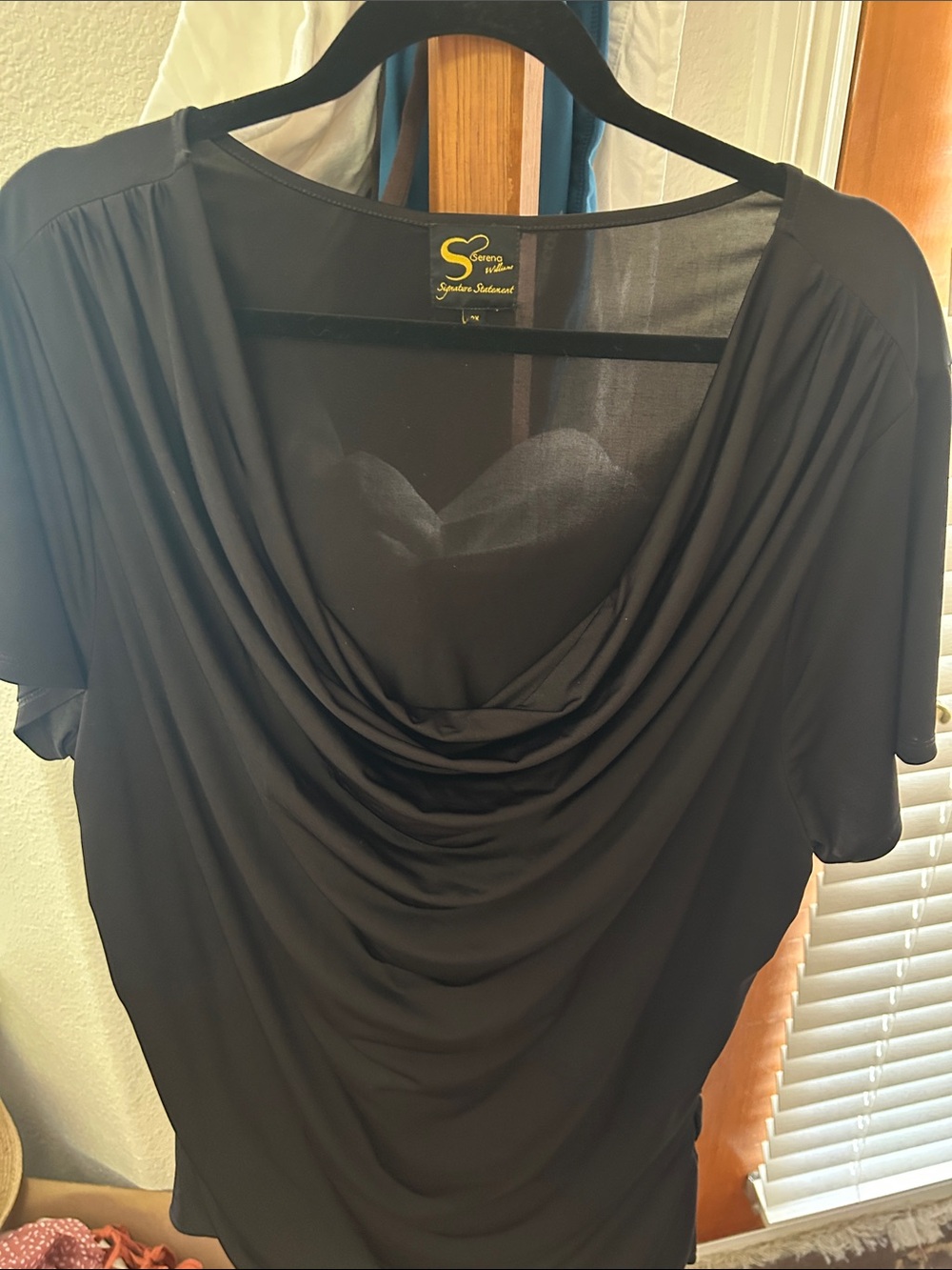 Serena Williams Black Draped Cowl Neck Blouse